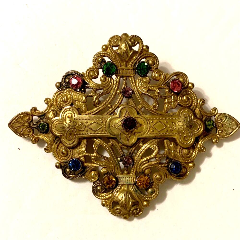 Antique Brass Open Work Edwardian‎ Style Brooch With Rhinestones